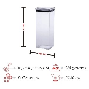 Pote Hermético Quadrado 2.2L 10,5x10,5x27cm Lumini Paramount