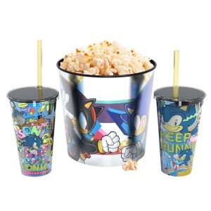 Kit Cinema Sonic 1 Balde de Pipoca 4L + 2 Copos com Canudo